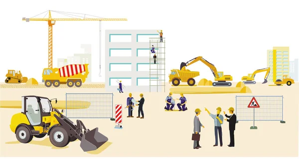 Baustelle Mit Baggern Baumaschinen Und Schwerlastwagen Illustration — Stockvektor