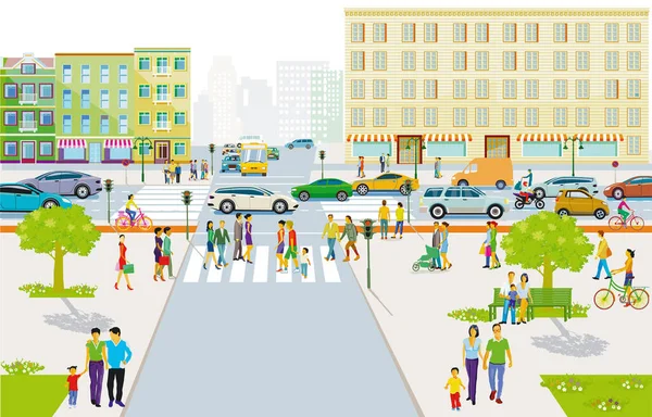 Městská Silueta Chodci Rezidenční Čtvrti Silniční Dopravě Ilustrace — Stockový vektor