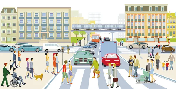 横断歩道 イラストと交通渋滞の道路の接合部の車 — ストックベクタ