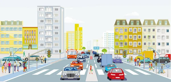 城市形象与道路交通和人行横道上的插图 — 图库矢量图片