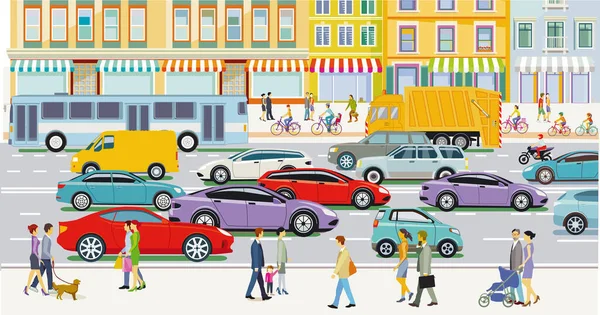 Calle Principal Con Personas Tráfico Por Carretera Frente Edificios Ilustración — Vector de stock