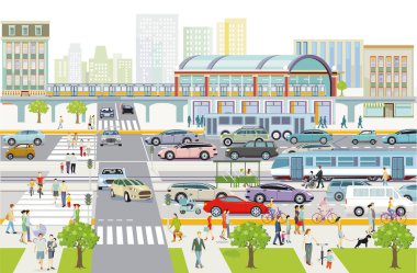 Şehir silueti, tren istasyonunda yayalar, ve yol trafiği, illüstrasyon