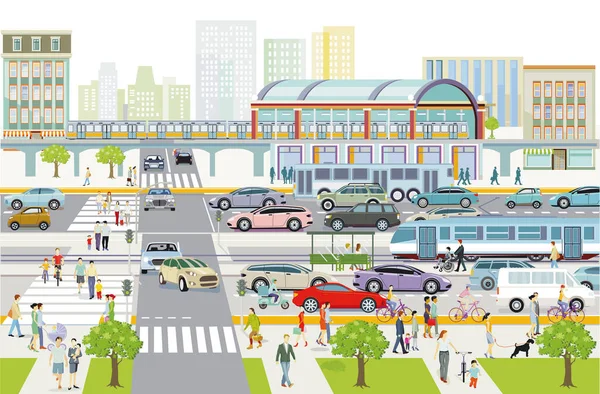 在火车站有行人的城市形象和公路交通 — 图库矢量图片