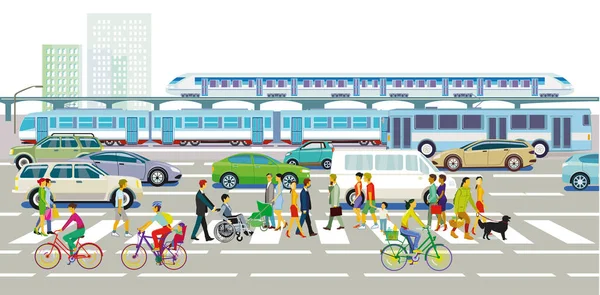 Personas Paso Peatones Tráfico Por Carretera Ferrocarril Ilustración — Vector de stock
