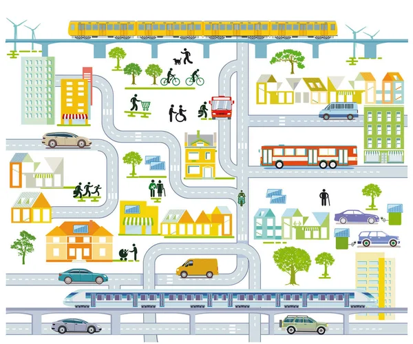 Mappa Della Città Con Traffico Case Illustrazione Delle Informazioni — Vettoriale Stock