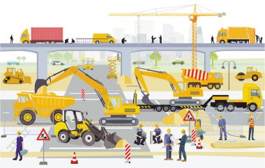 Yol inşaatı ve köprüler inşaatçılar ve illüstrasyonlar