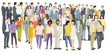 Beyaz arka planda izole edilmiş geniş bir grup insan. resimleme