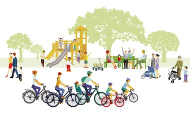 Çocuklarla ve ailelerle bisiklet sürmek, illüstrasyon