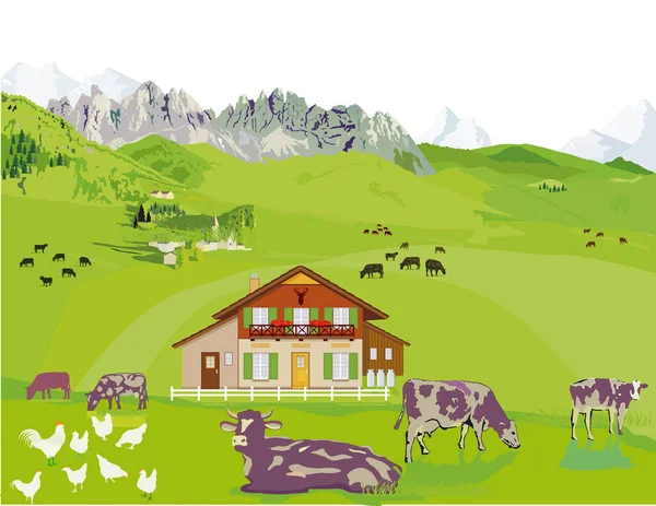 アルプスの牛と山のパノラマ イラスト — ストックベクタ
