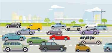 Büyük bir şehir illüstrasyonunun önündeki otoyol