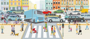 Yol trafiği ve yaya geçidi resimleriyle şehir silueti.