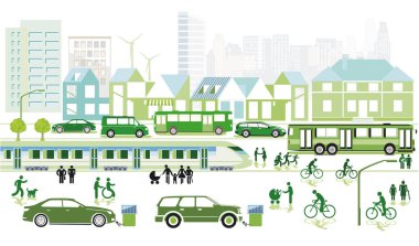 Ecological city with cyclists and passenger train, illustration