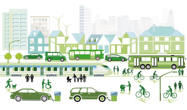 Екологічне Місто Велосипедистами Пасажирським Поїздом Ілюстрація — стоковий вектор