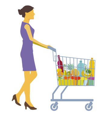 Illustration of a woman shopping in the supermarket, isolated on white