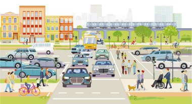 Main street with people and road traffic in front of buildings, illustration