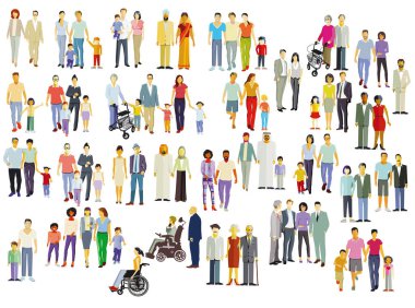 Large group of diverse people, parents and children, family groups isolated on white illustration
