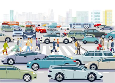 Trafik sıkışıklığında yaya geçidi ile kavşaktaki arabalar, illüstrasyon