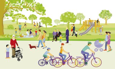 Aileler ve diğer insanlarla parkta eğlenmek, illüstrasyon