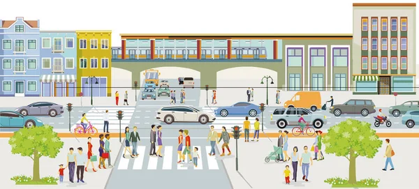 City Silhouette Pedestrians Road Traffic Train Station Illustration — Stock Vector