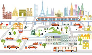 City with traffic and houses panorama, information illustration