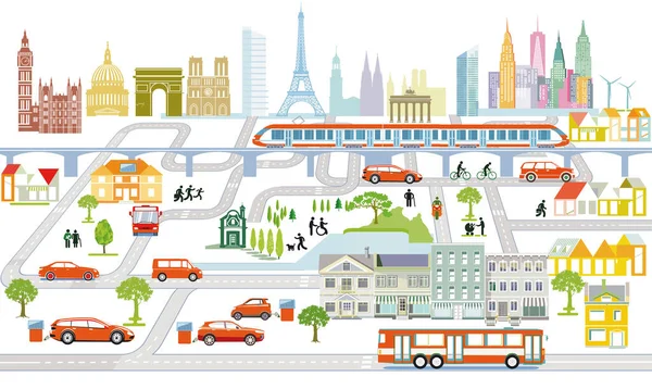 City Traffic Houses Panorama Information Illustration — 스톡 벡터