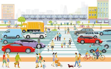 Trafiği olan şehir ve yayaları olan evler, illüstrasyon