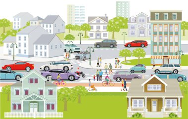 City silhouette in suburbia, with pedestrians in residential area and leisure activity, illustration