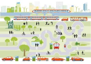 Trafik, park ve evleri olan şehir panorama, bilgi illüstrasyonu