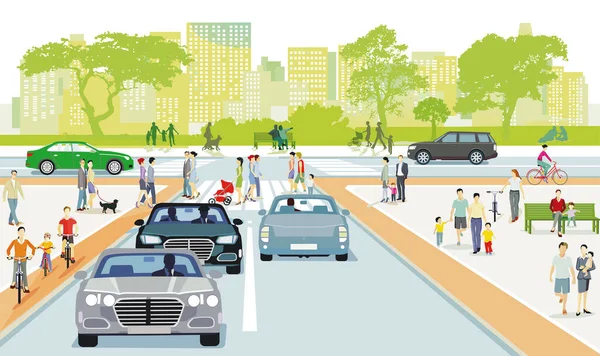斑马线上有道路交通和行人的城市形象 — 图库矢量图片