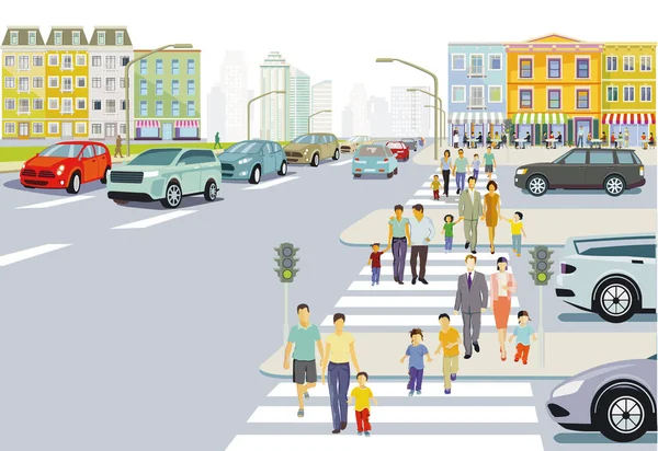 Silhouette Ville Banlieue Avec Des Familles Dans Quartier Résidentiel Illustration — Image vectorielle