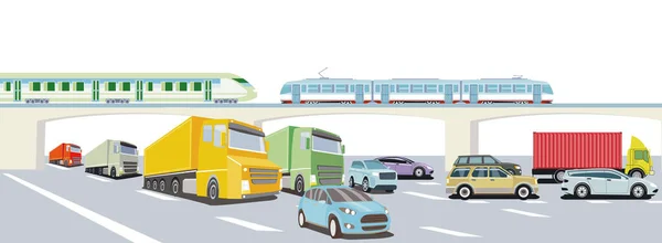 Auto Estrada Com Trem Expresso Caminhão Carro Passageiros Ilustração —  Vetores de Stock