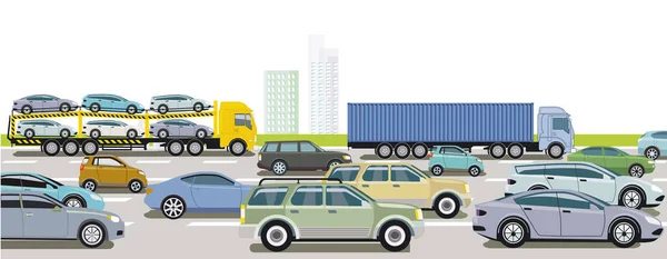 トラックや乗用車 イラスト付き高速道路 — ストックベクタ