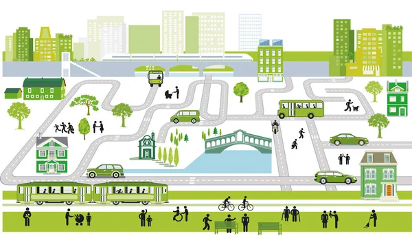 Stad Med Trafik Park Och Hus Panorama Information Illustration — Stock vektor