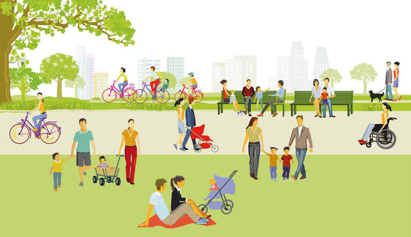 Recreation in the park with families, illustration