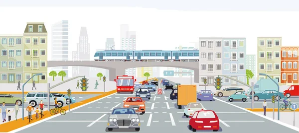 City Silhouette Cars Street Crossing Pedestrians Illustration — Stock Vector