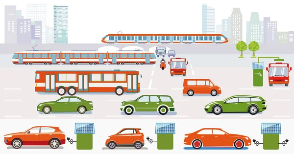Ville Avec Circulation Voitures Électriques Transport Commun Rapide Panorama Illustration — Image vectorielle