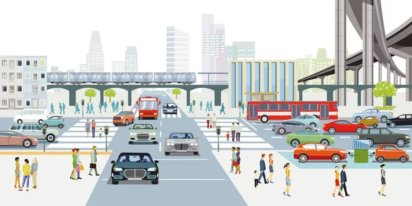 City Traffic Houses Pedestrians Illustration — Vector de stock