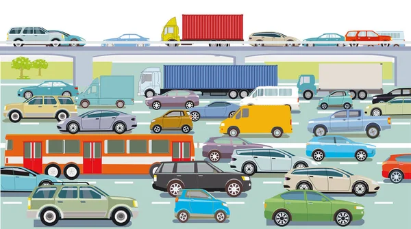 トラックや乗用車 イラスト付き高速道路 — ストックベクタ