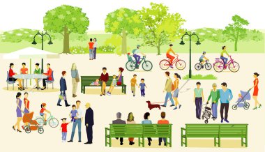 Aileler ve diğer insanlarla parkta eğlenmek, illüstrasyon
