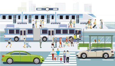 Tren istasyonunda hızlı tren ve otobüs durağı çizimleri.