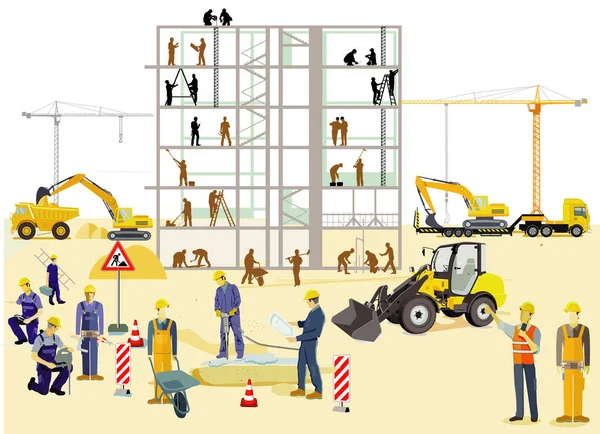 Construction company with builders and construction machines illustration