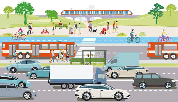 Busshållplats Cykelbana Och Vägtrafik Illustration — Stock vektor