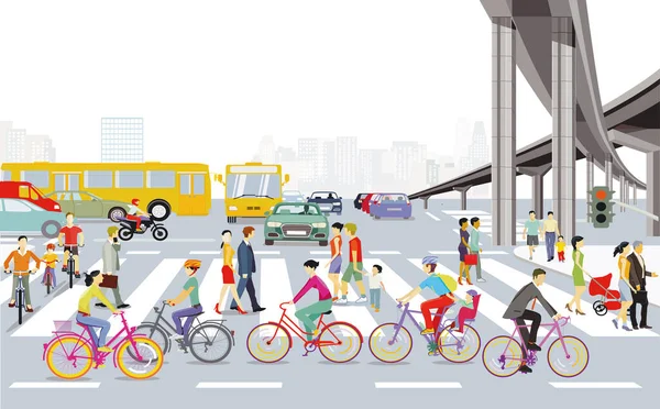 Silhueta Urbana Uma Cidade Grande Com Trânsito Pedestres Ilustração — Vetor de Stock