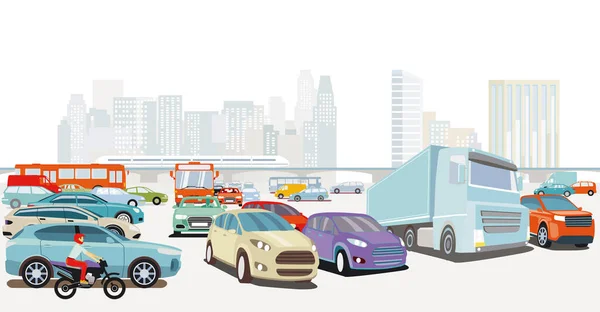 Traffico Stradale Con Camion Autovetture Illustrazione — Vettoriale Stock