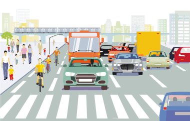 Trafik, evler, yayalar ve resimlerle dolu şehir silueti.