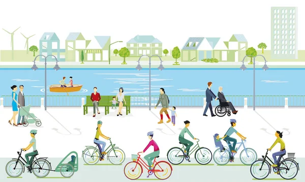 Piétons Cyclistes Sur Rivière Illustration — Image vectorielle