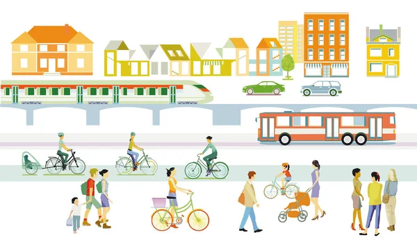 Ville Avec Circulation Train Personnes Panorama Illustration — Image vectorielle