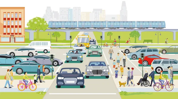 街道交叉口有车和行人的城市形象 — 图库矢量图片