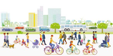 Yaya, bisiklet ve yol trafiği olan şehir silueti, illüstrasyon