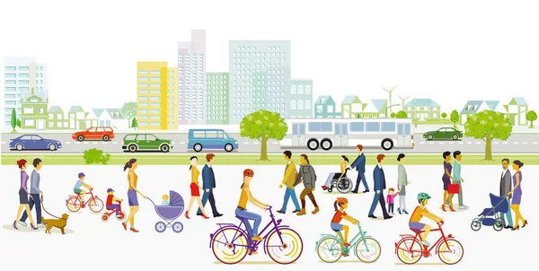 Городской Силуэт Пешеходами Велосипедами Дорожным Движением Иллюстрация — стоковый вектор